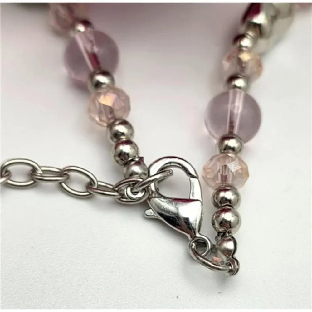 Rose Quartz Silver Tone Double Strand Statement Necklace 35 In Adjustable